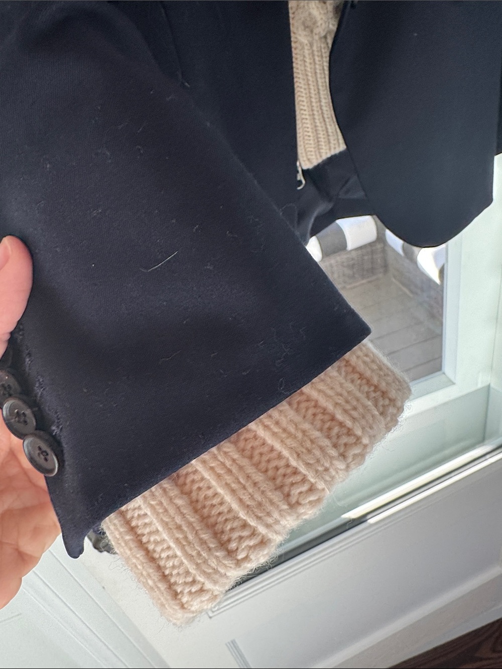 Men's Navy Blazer with Cream Cable-Knit Zip Sweater Insert - Picture 2 of 5